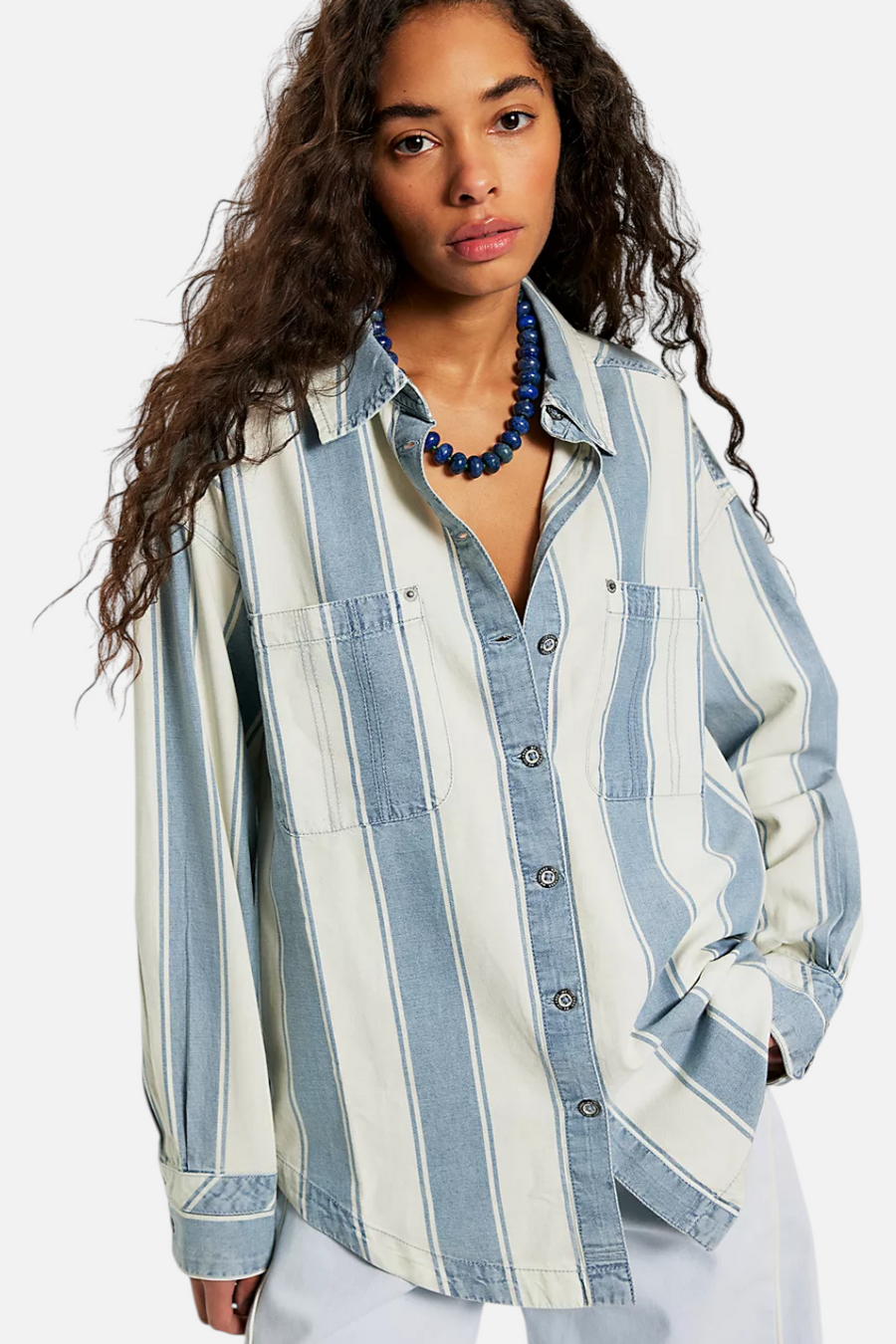 Free People Crossroads Striped Button-Down Shirt in Indigo Combo