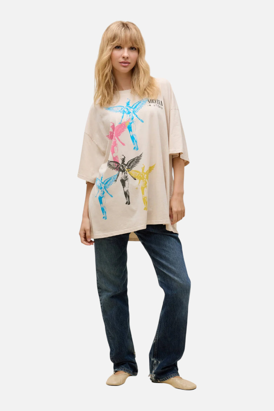 Daydreamer LA Nirvana Angel Stamps OS Tee in Dirty White – side view