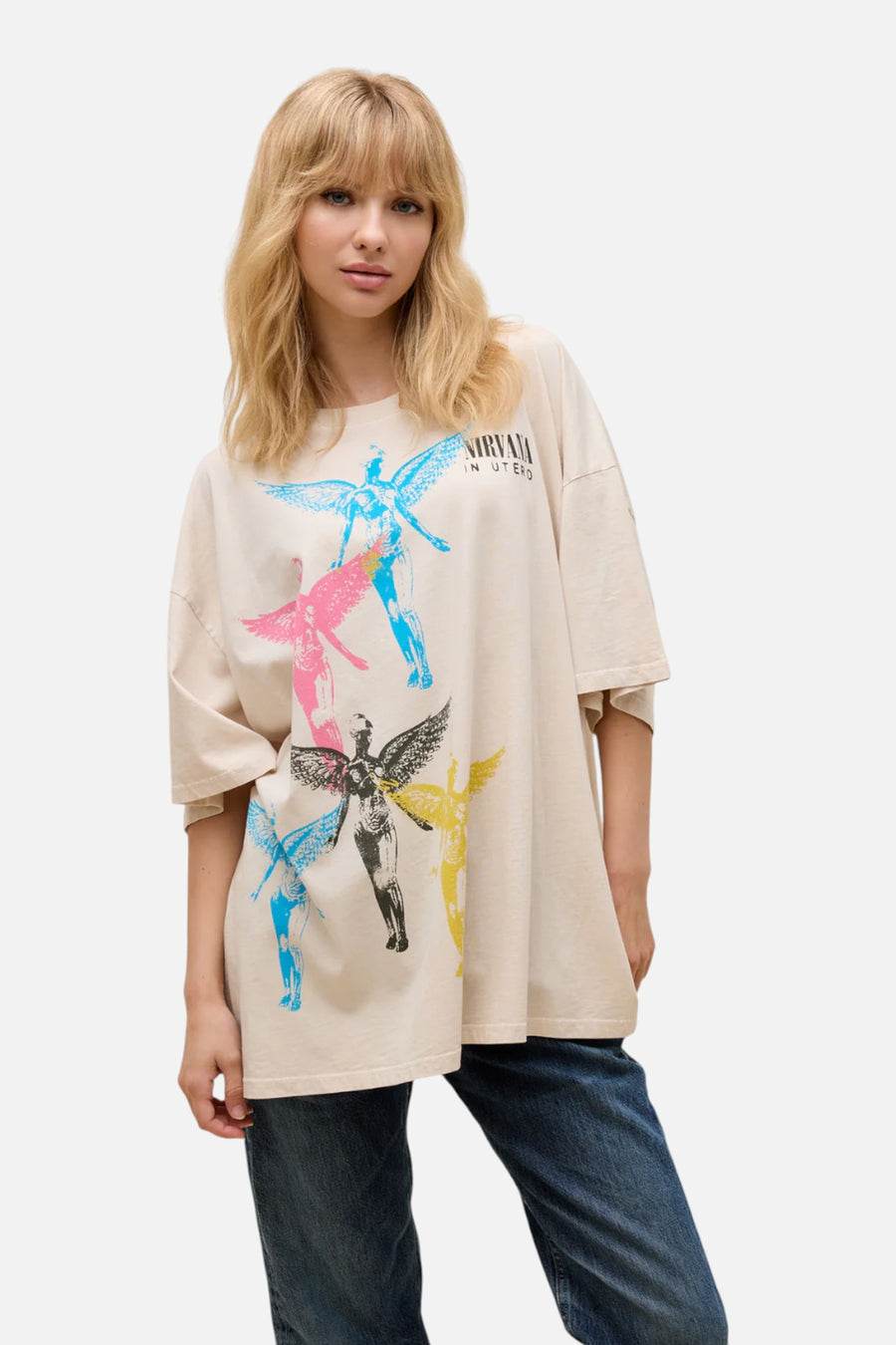 Daydreamer LA Nirvana Angel Stamps OS Tee in Dirty White – side view