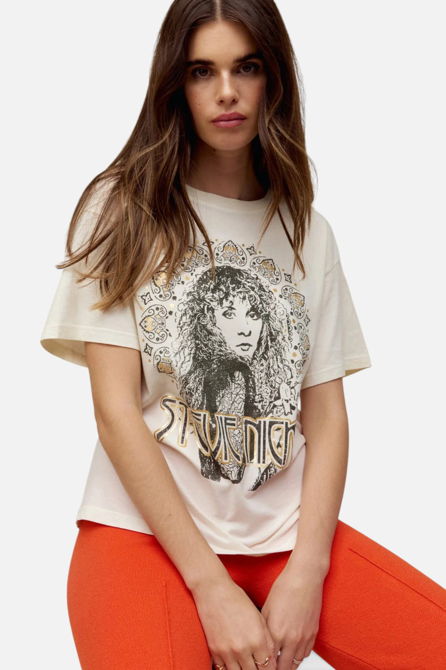 Daydreamer LA Stevie Nicks Metallic Boyfriend Tee in Stone – front view