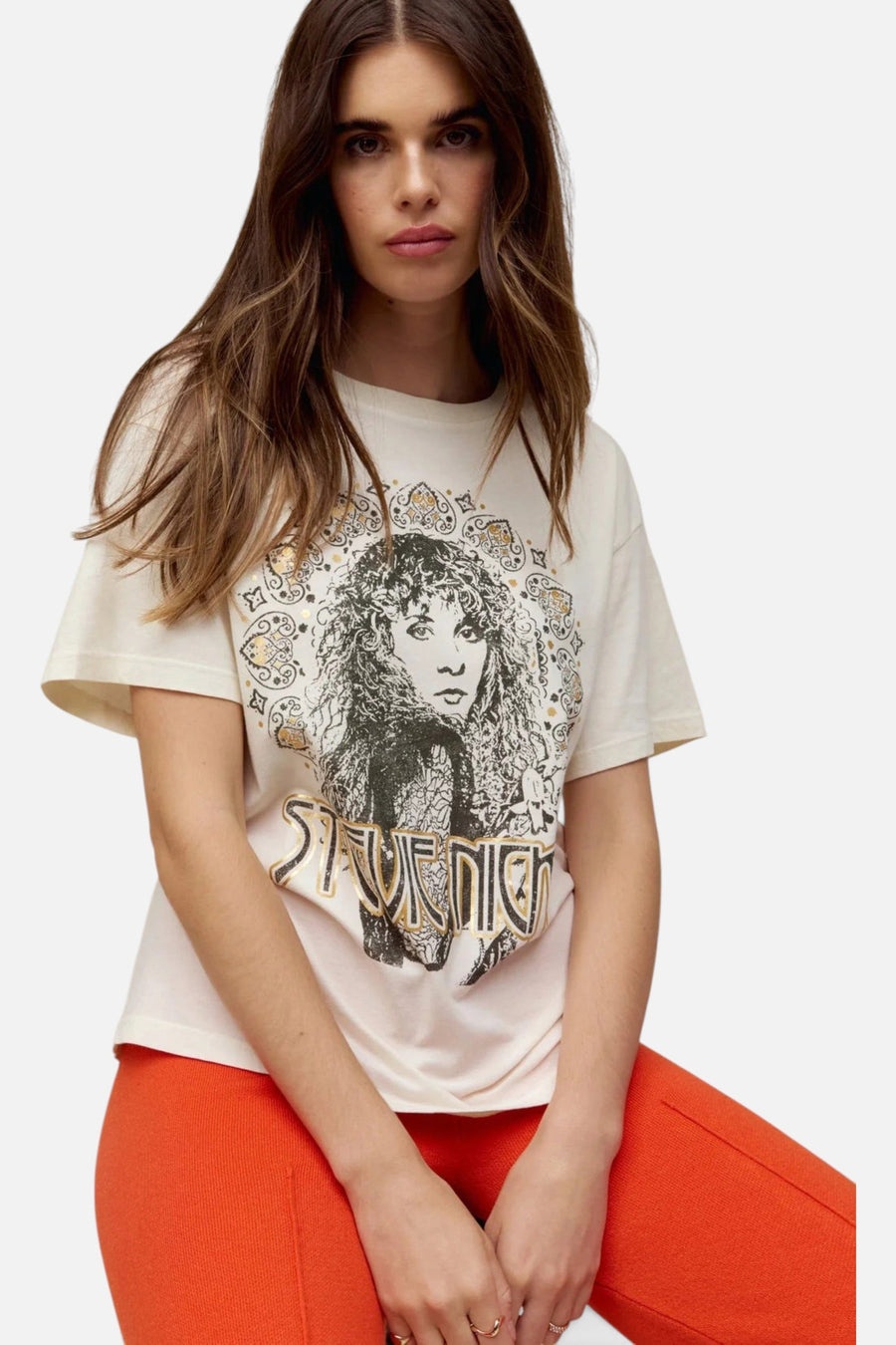 Daydreamer LA Stevie Nicks Metallic Boyfriend Tee in Stone – on model