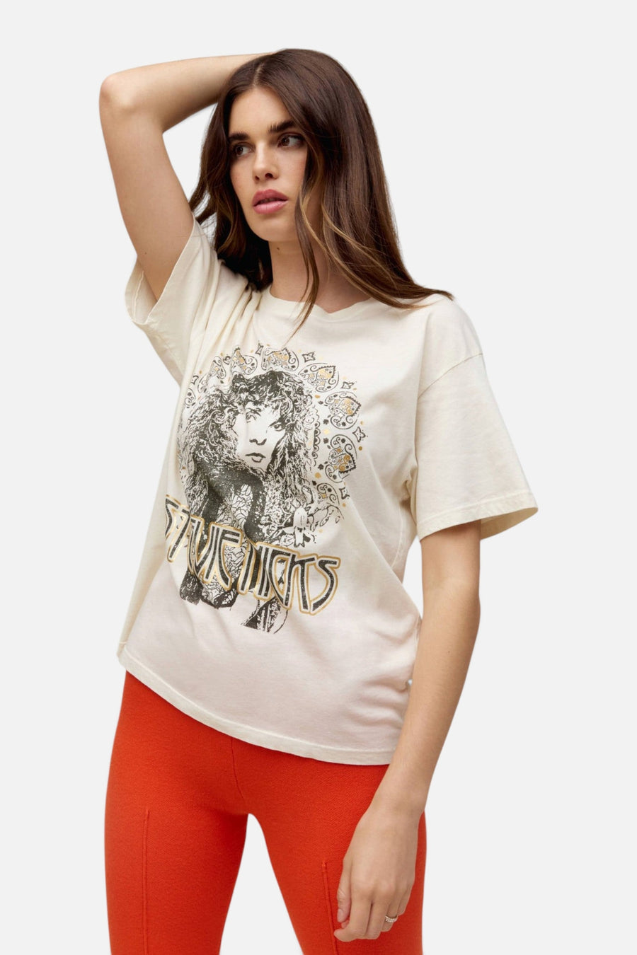 Daydreamer LA Stevie Nicks Metallic Boyfriend Tee in Stone – on model