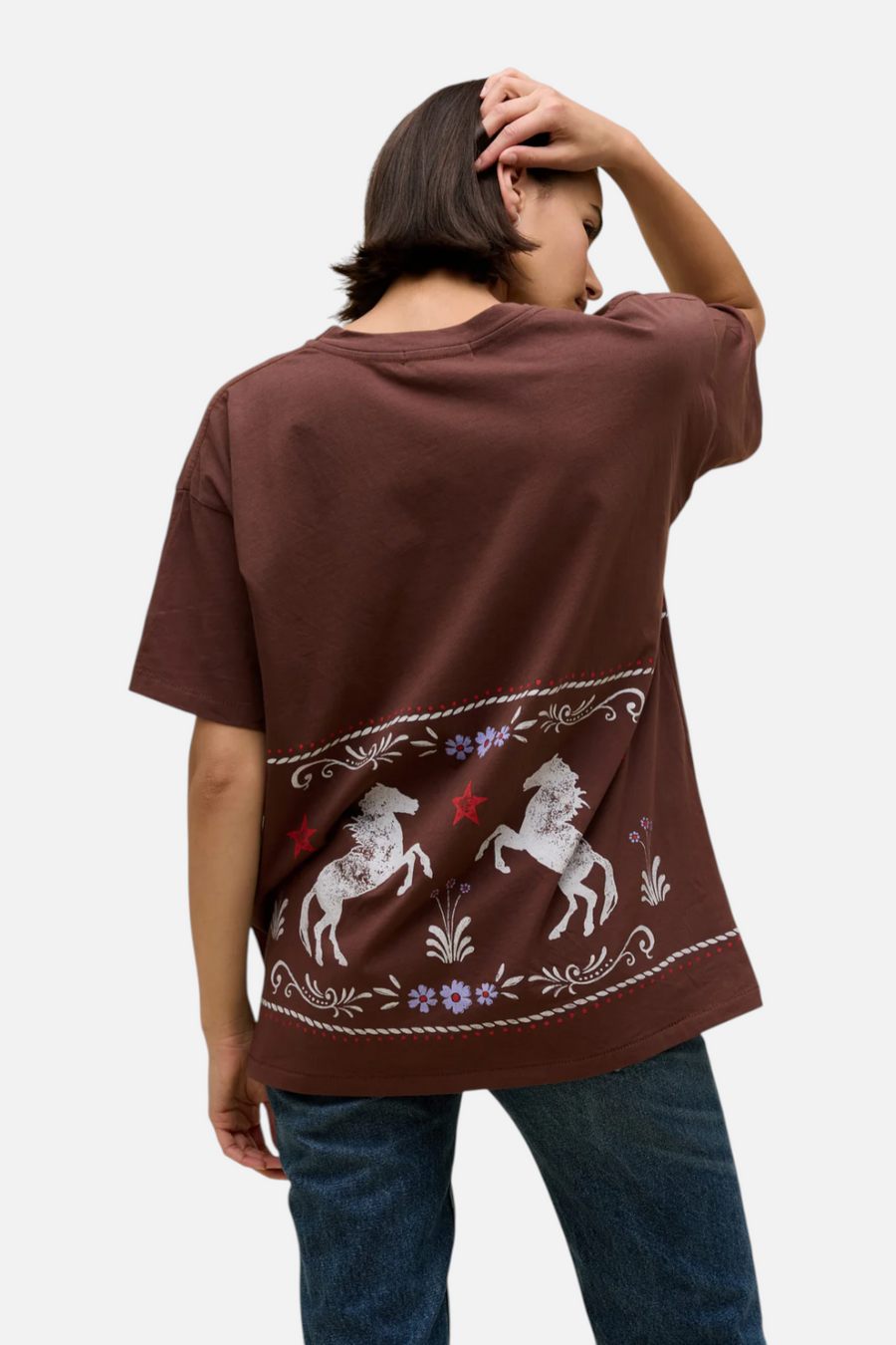 Daydreamer LA Women's Floral Horse Pattern Merch Tee in Nutmeg – back view