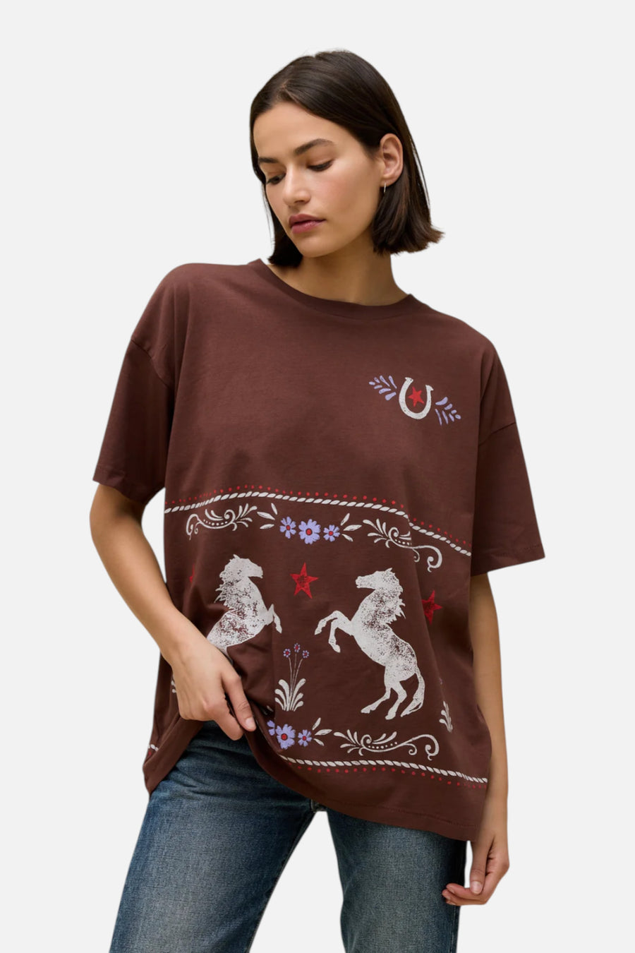 Daydreamer LA Women's Floral Horse Pattern Merch Tee in Nutmeg – side view