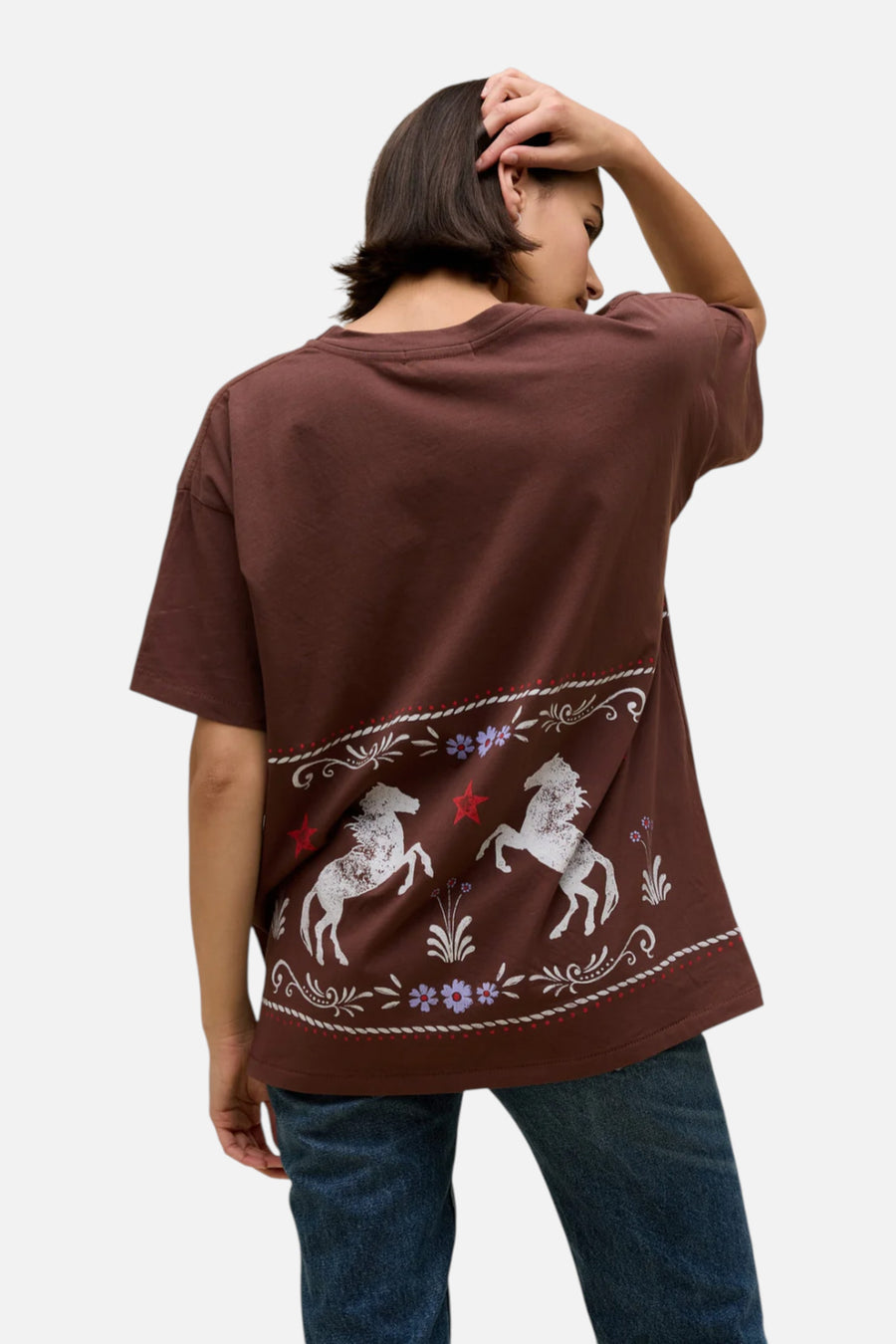 Daydreamer LA Women's Floral Horse Pattern Merch Tee in Nutmeg – side view