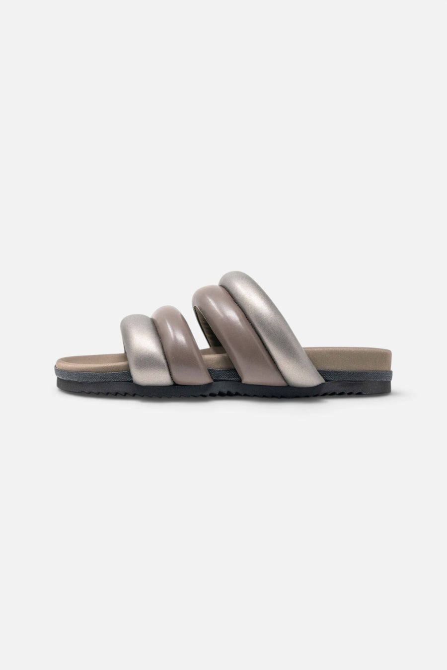 Dbldbl Puff Puff Sandals in Gunmetal & Taupe Vegan Leather – back view