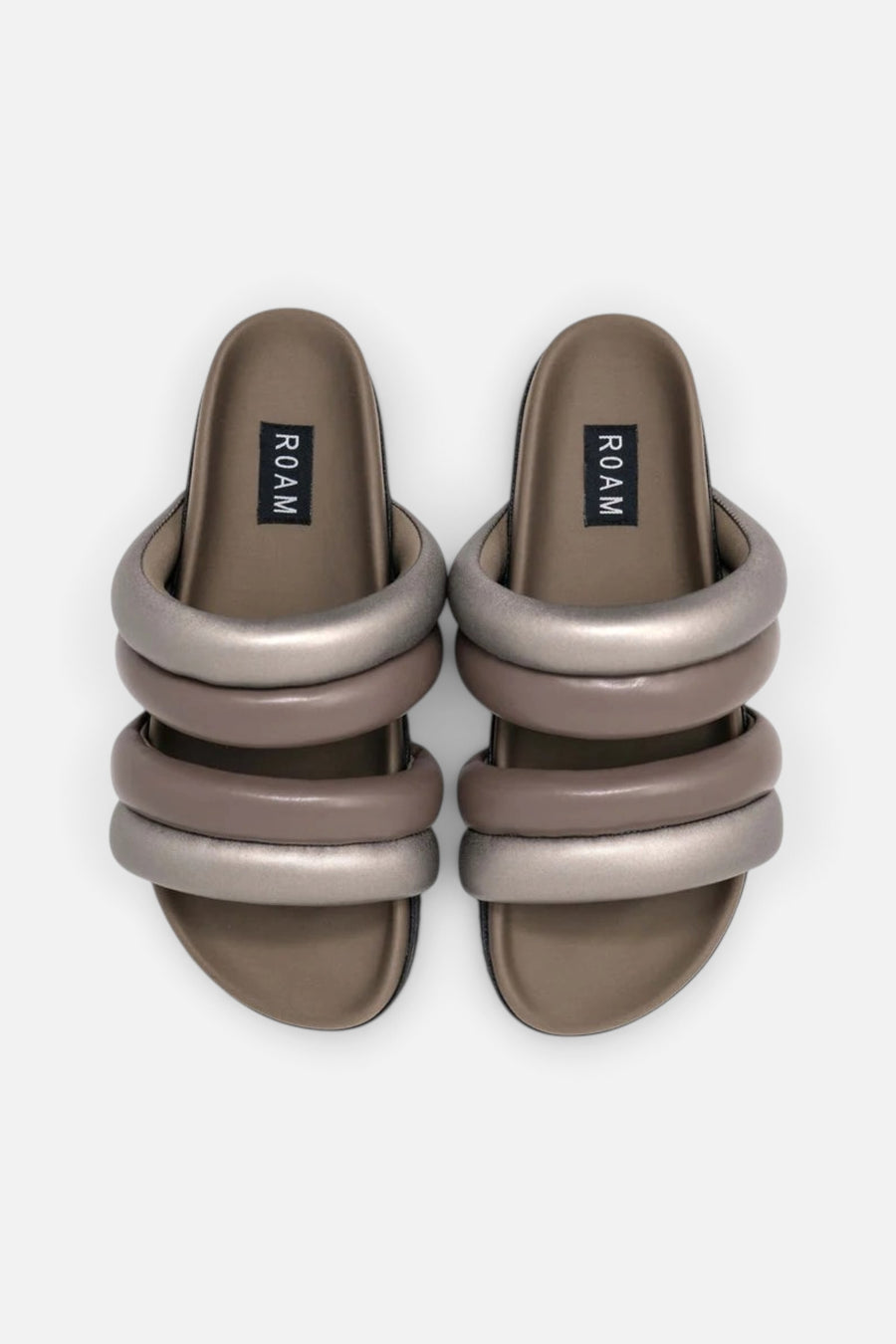 Dbldbl Puff Puff Sandals in Gunmetal & Taupe Vegan Leather – front view