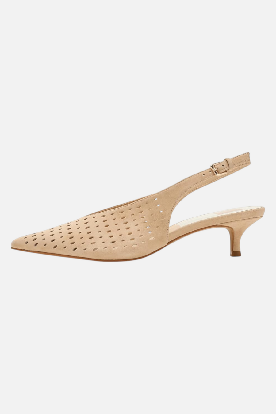 Dolce Vita Alenna Perforated Kitten Heel in Camel Suede – back view