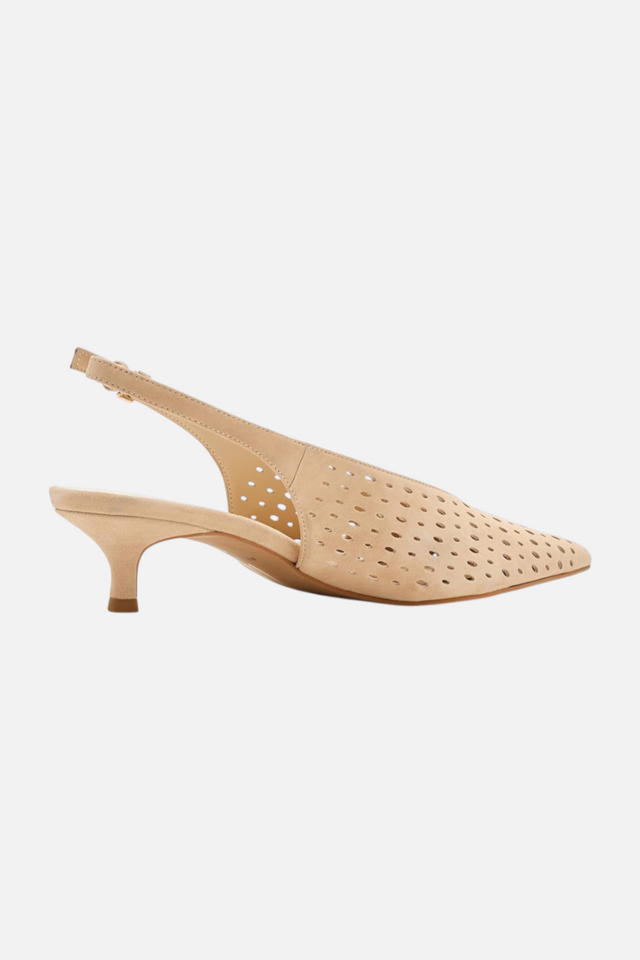 Dolce Vita Alenna Perforated Kitten Heel in Camel Suede – front view
