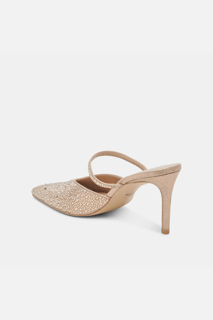 Dolce Vita Kanika Crystal Heels in Light Gold Fabric – flat lay