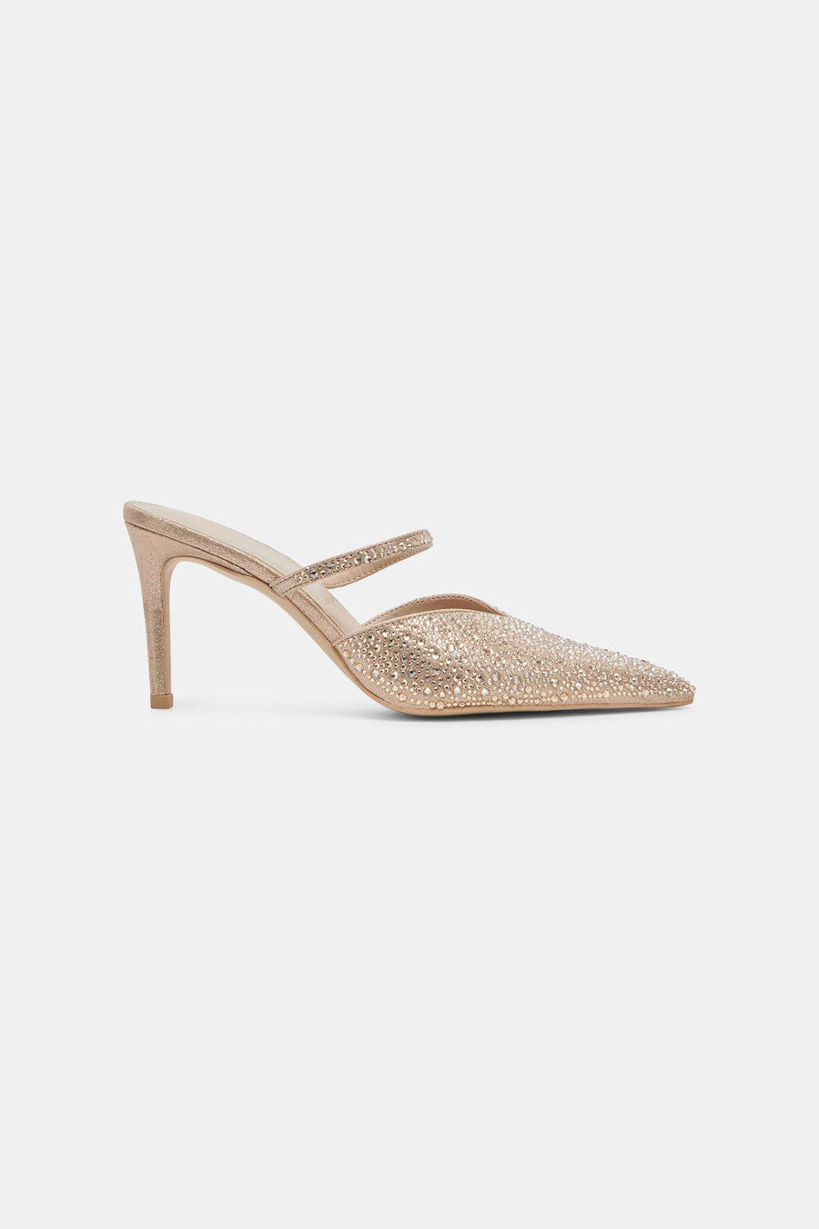 Dolce Vita Kanika Crystal Heels in Light Gold Fabric – front view