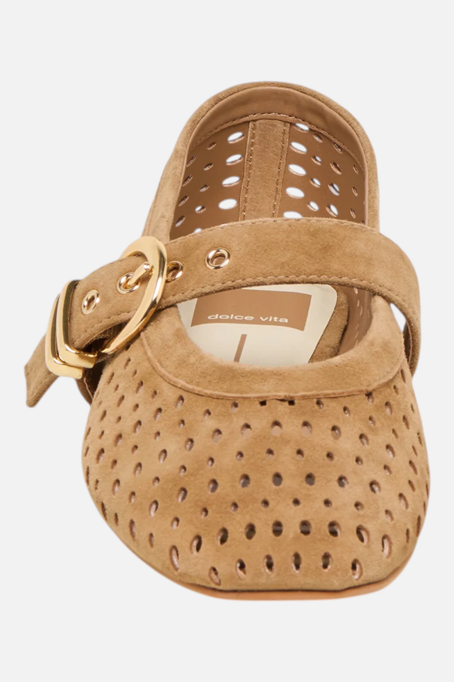 Dolce Vita Mikel Perforated Suede Ballet Flats in Light Brown – flat lay
