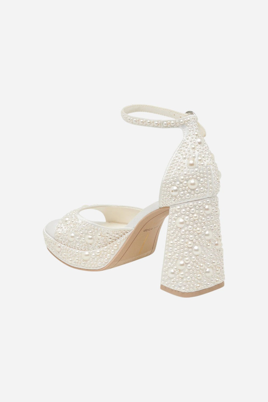 Dolce Vita Pandro Pearl Heels in True White Satin – flat lay