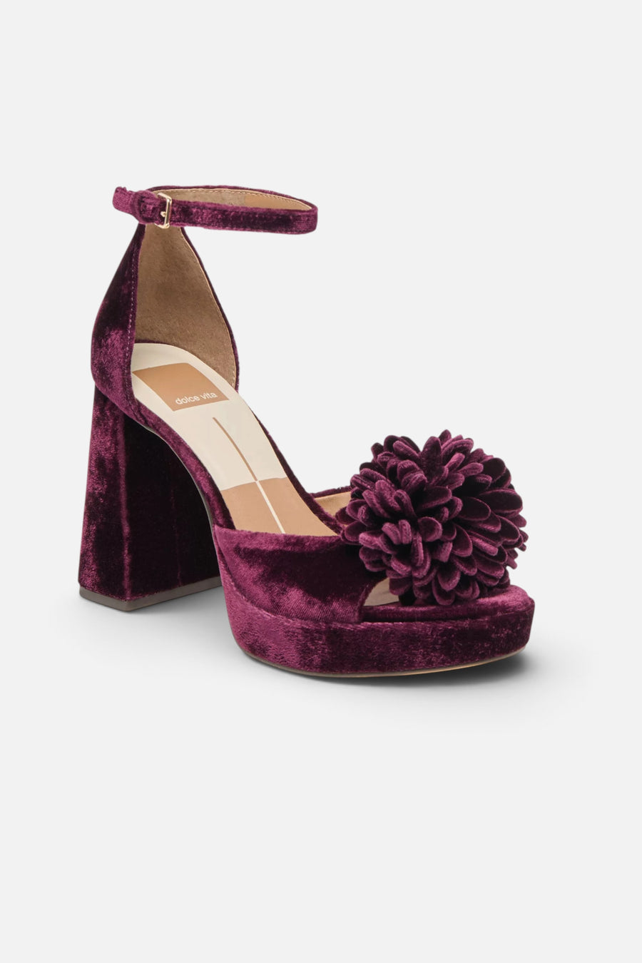 Dolce Vita Perel Flower Platform High Heel in Burgundy Velvet – three-quarter view