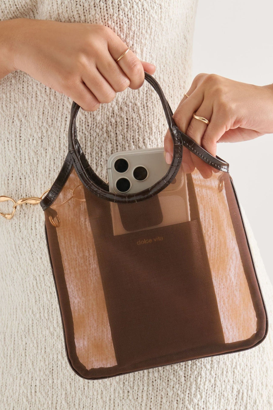 Dolce Vita Sylvene Crossbody in Chocolate Mesh – detail