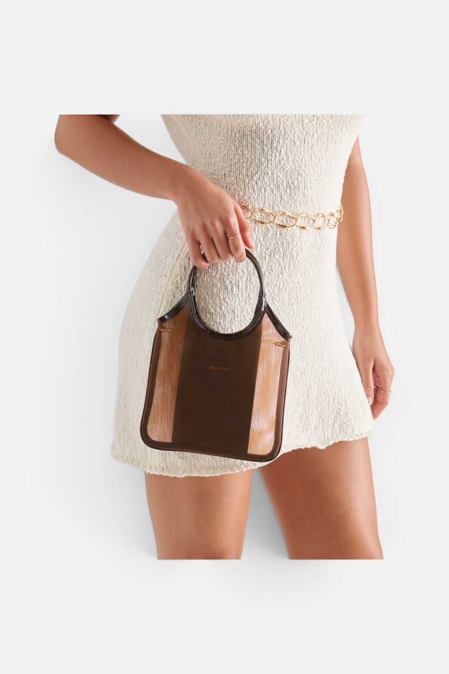 Dolce Vita Sylvene Crossbody in Chocolate Mesh – flat lay