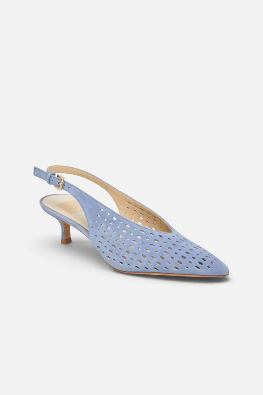 Dolced Vita Alenna Perforated Suede Kitten Heel Slingback Pumps in Periwinkle – three-quarter view