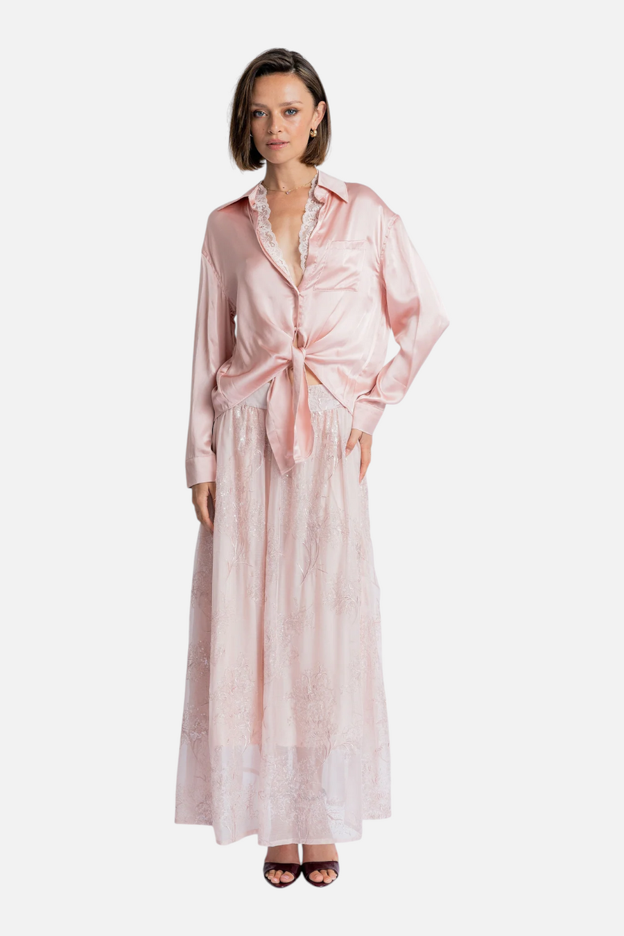 Dream Catcher Irene Satin Blouse in Dusty Rose – front view