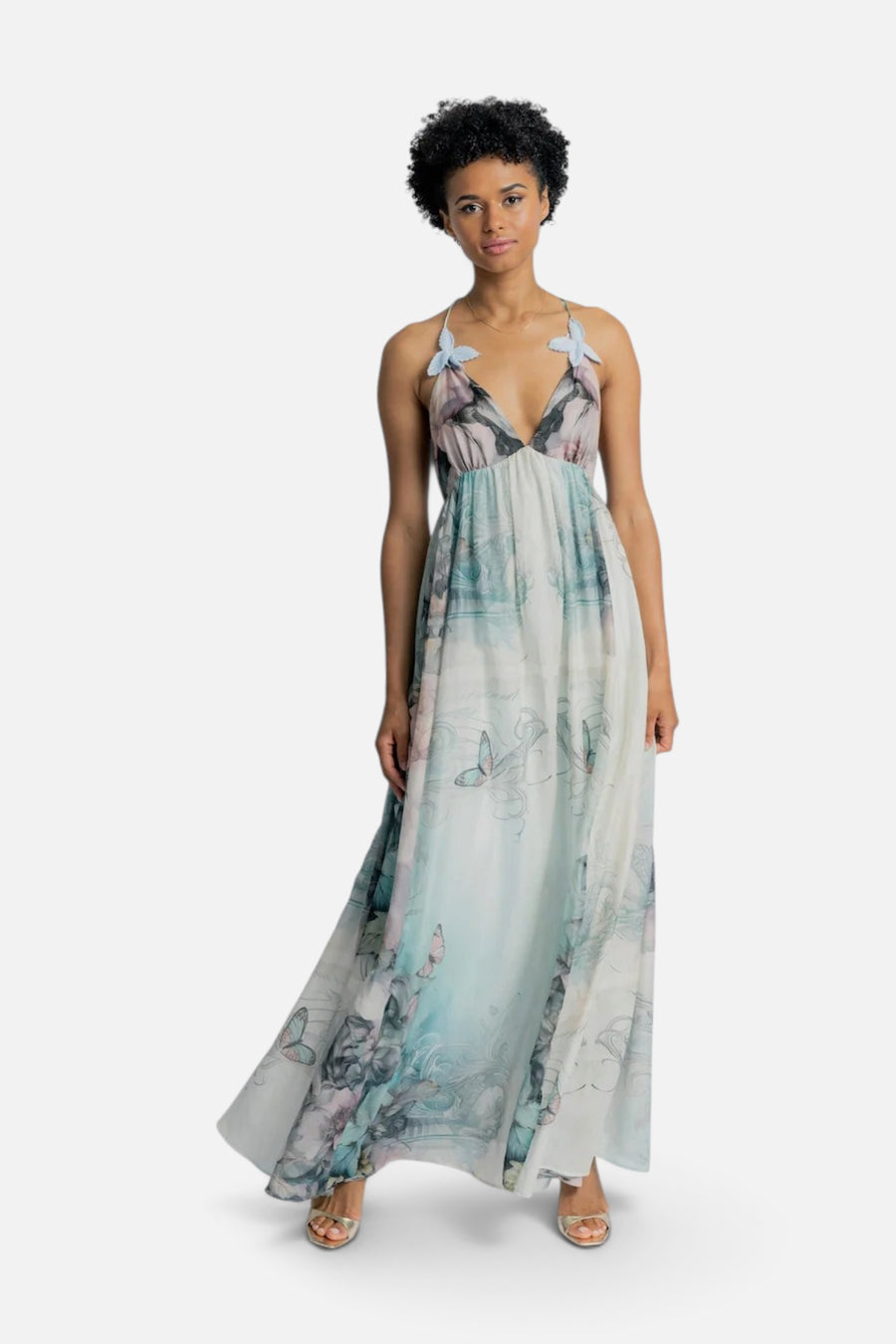 Dream Catcher Liberty Sheer Panel Maxi Dress in Pink Garden Paradise – front view