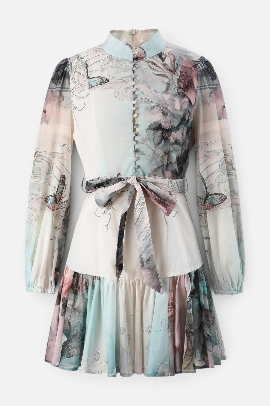 Dream Catcher Sage Abstract Floral Print Dress in Pink Garden Paradise – back view
