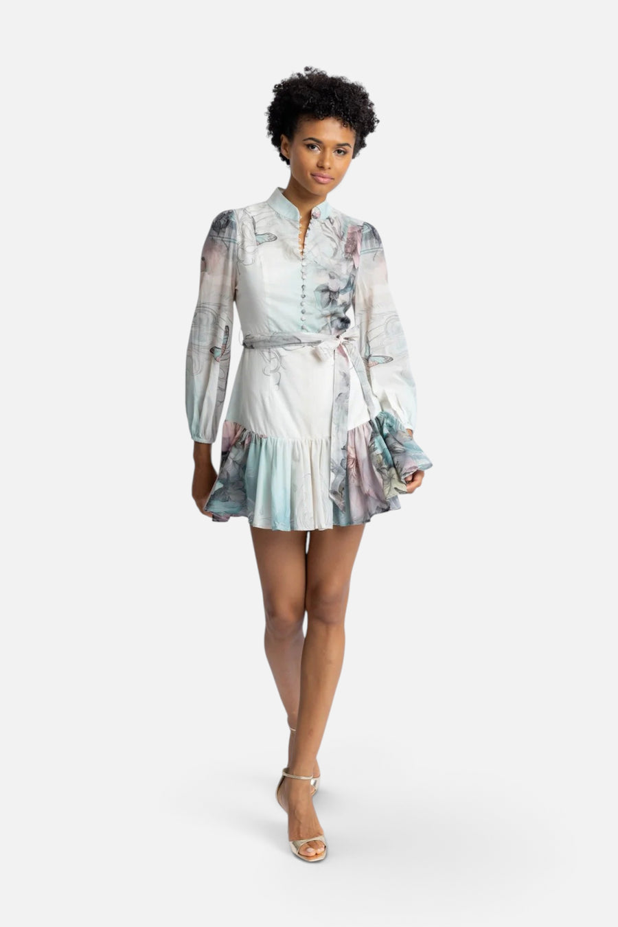 Dream Catcher Sage Abstract Floral Print Dress in Pink Garden Paradise – front view