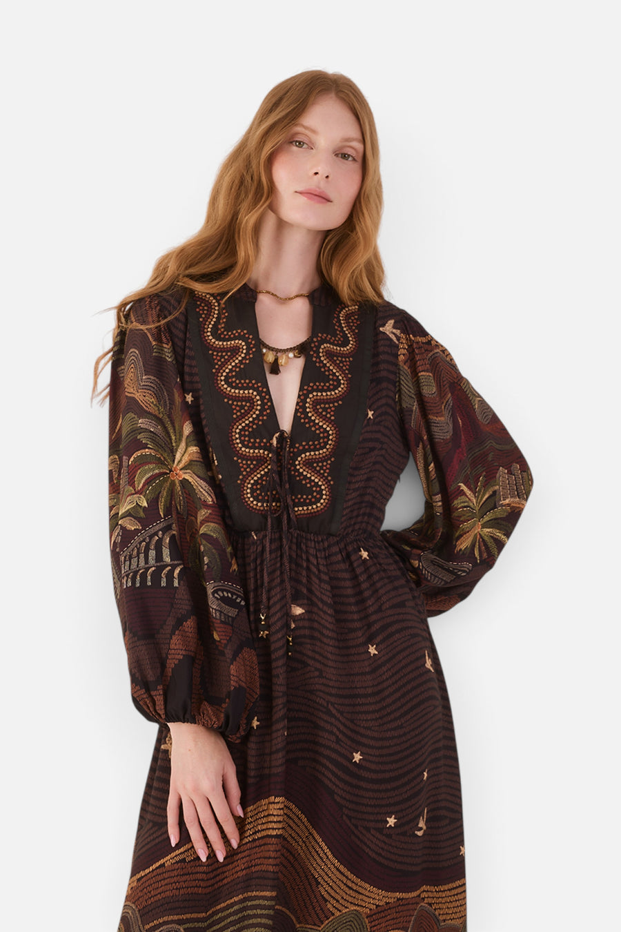 Dress To Cena Carioca Embroidered Puff Sleeve Maxi Dress in Brown – front view