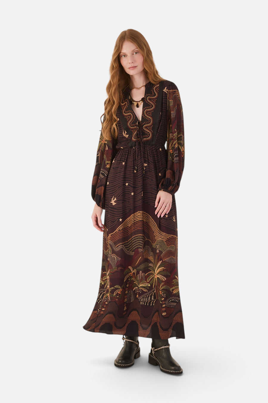 Dress To Cena Carioca Embroidered Puff Sleeve Maxi Dress in Brown – full length