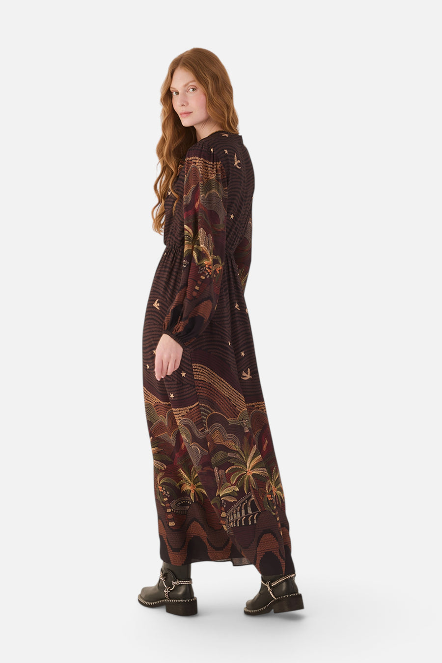 Dress To Cena Carioca Embroidered Puff Sleeve Maxi Dress in Brown – side view