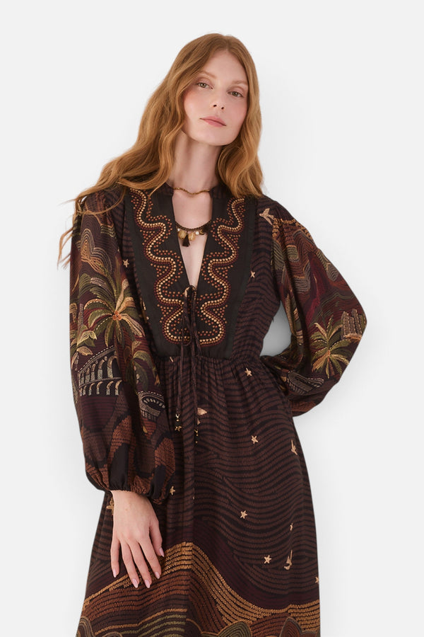 Dress To Cena Carioca Embroidered Puff Sleeve Maxi Dress in Brown