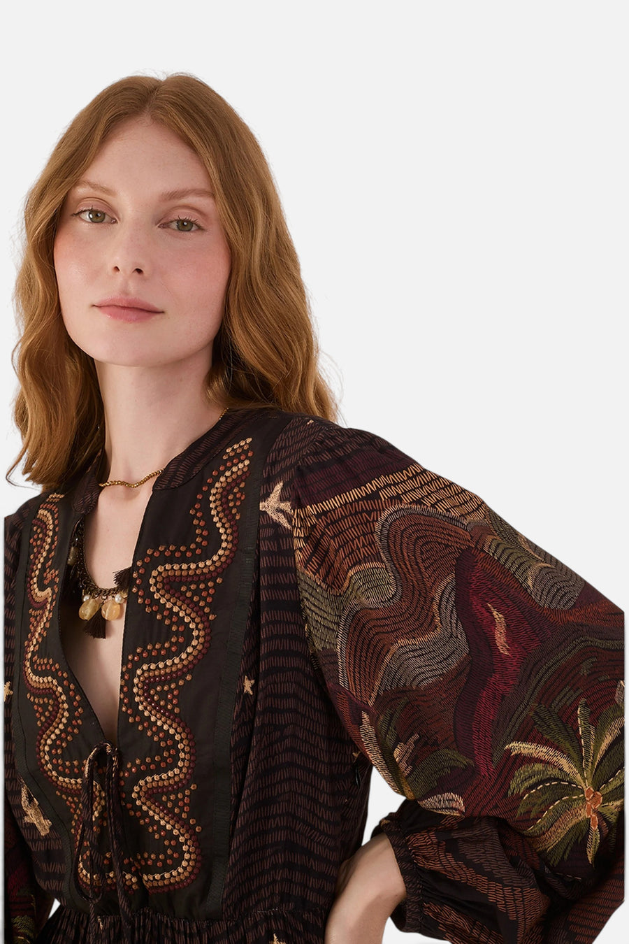 Dress To Cena Carioca Embroidered Puff Sleeve Maxi Dress in Brown – side view