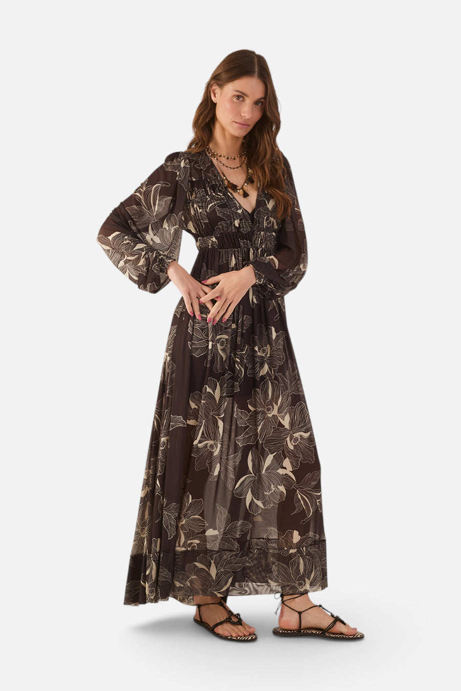 Dress To Flora Tulle Maxi Dress in Brown Flora – back view