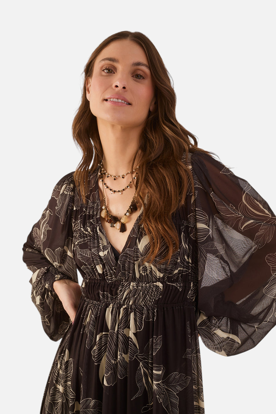 Dress To Flora Tulle Maxi Dress in Brown Flora – detail