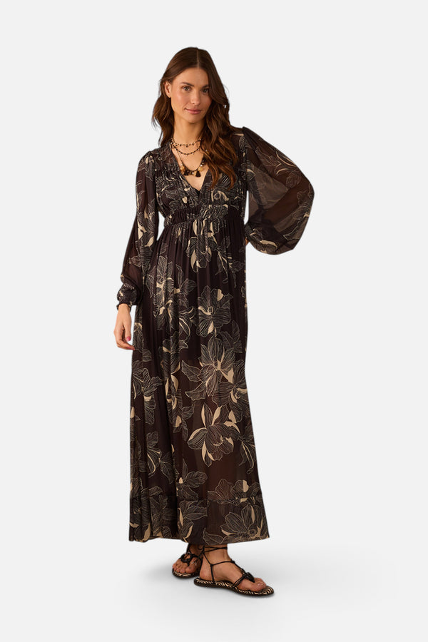 Dress To Flora Tulle Maxi Dress in Brown Flora