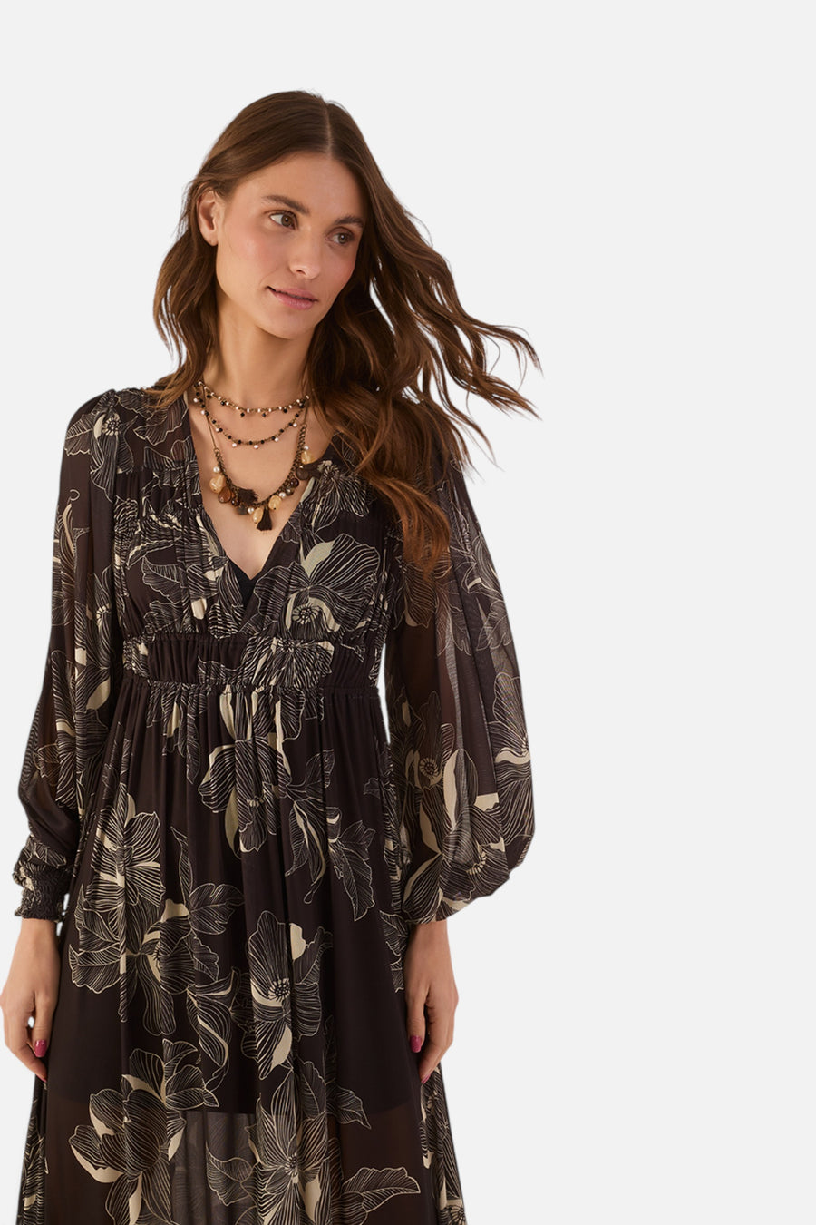 Dress To Flora Tulle Maxi Dress in Brown Flora – side view
