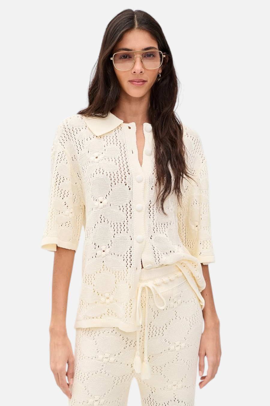 Dress to Floral Crochet Short Sleeve Shirt in Beige – front view