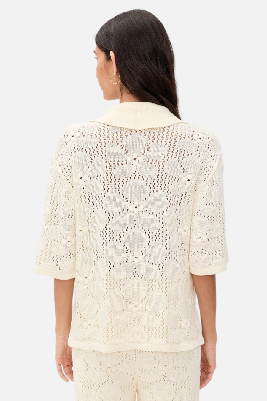 Dress to Floral Crochet Short Sleeve Shirt in Beige – side view