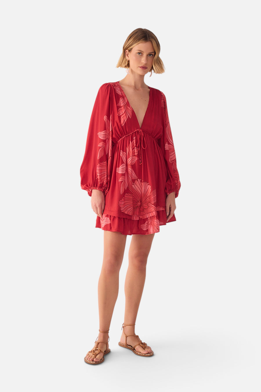 Dress To Plunging Neck Drawstring Waist Mini Dress in Red Orchid – back view