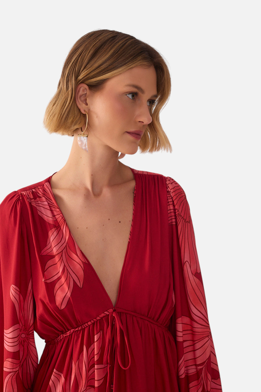 Dress To Plunging Neck Drawstring Waist Mini Dress in Red Orchid – detail