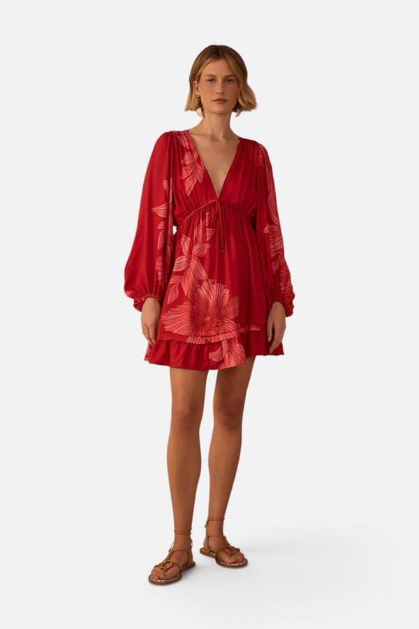 Dress To Plunging Neck Drawstring Waist Mini Dress in Red Orchid