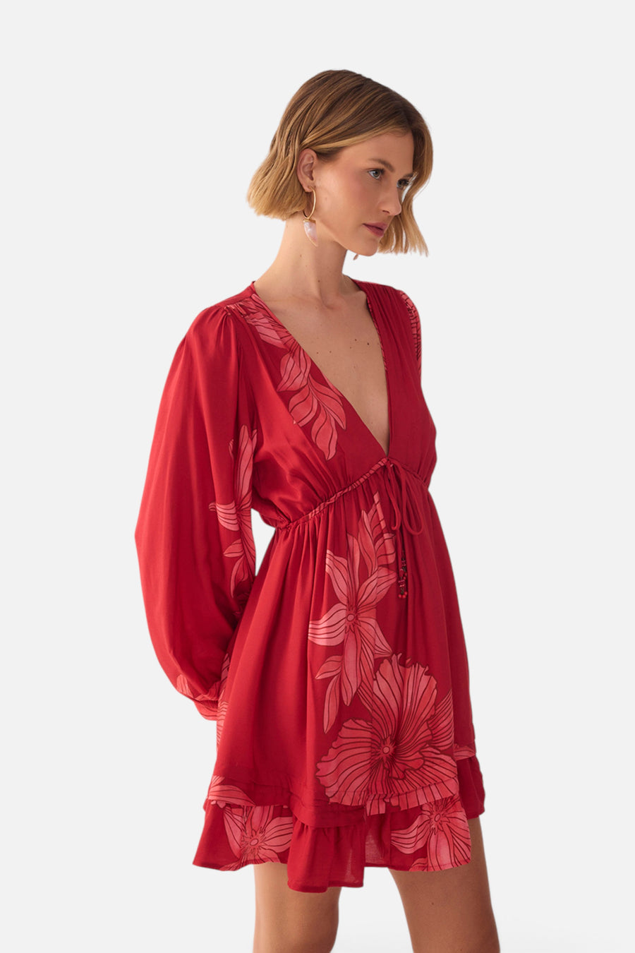 Dress To Plunging Neck Drawstring Waist Mini Dress in Red Orchid – side view