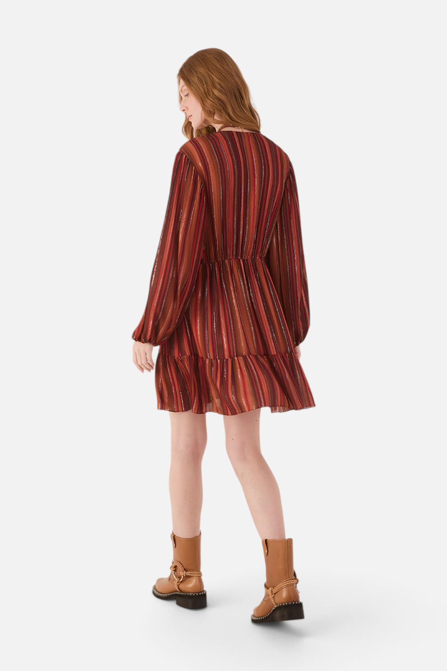 Dress To Refugio Lurex Front Knot Puff Sleeve Mini Dress in Brown – back view