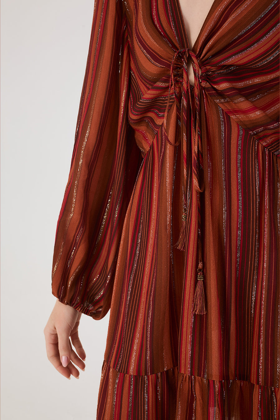 Dress To Refugio Lurex Front Knot Puff Sleeve Mini Dress in Brown – detail