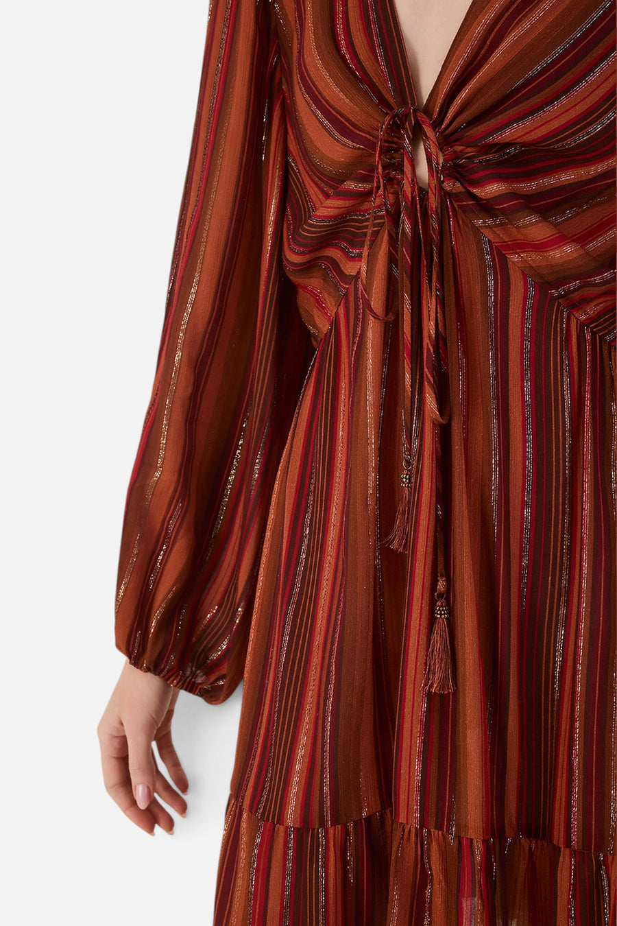 Dress To Refugio Lurex Front Knot Puff Sleeve Mini Dress in Brown – detail
