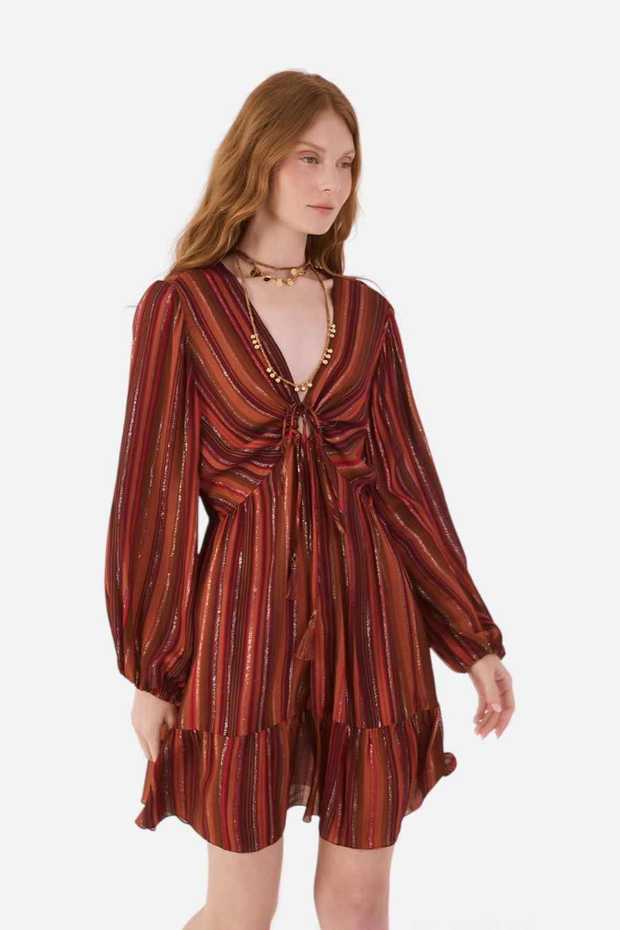 Dress To Refugio Lurex Front Knot Puff Sleeve Mini Dress in Brown – front view