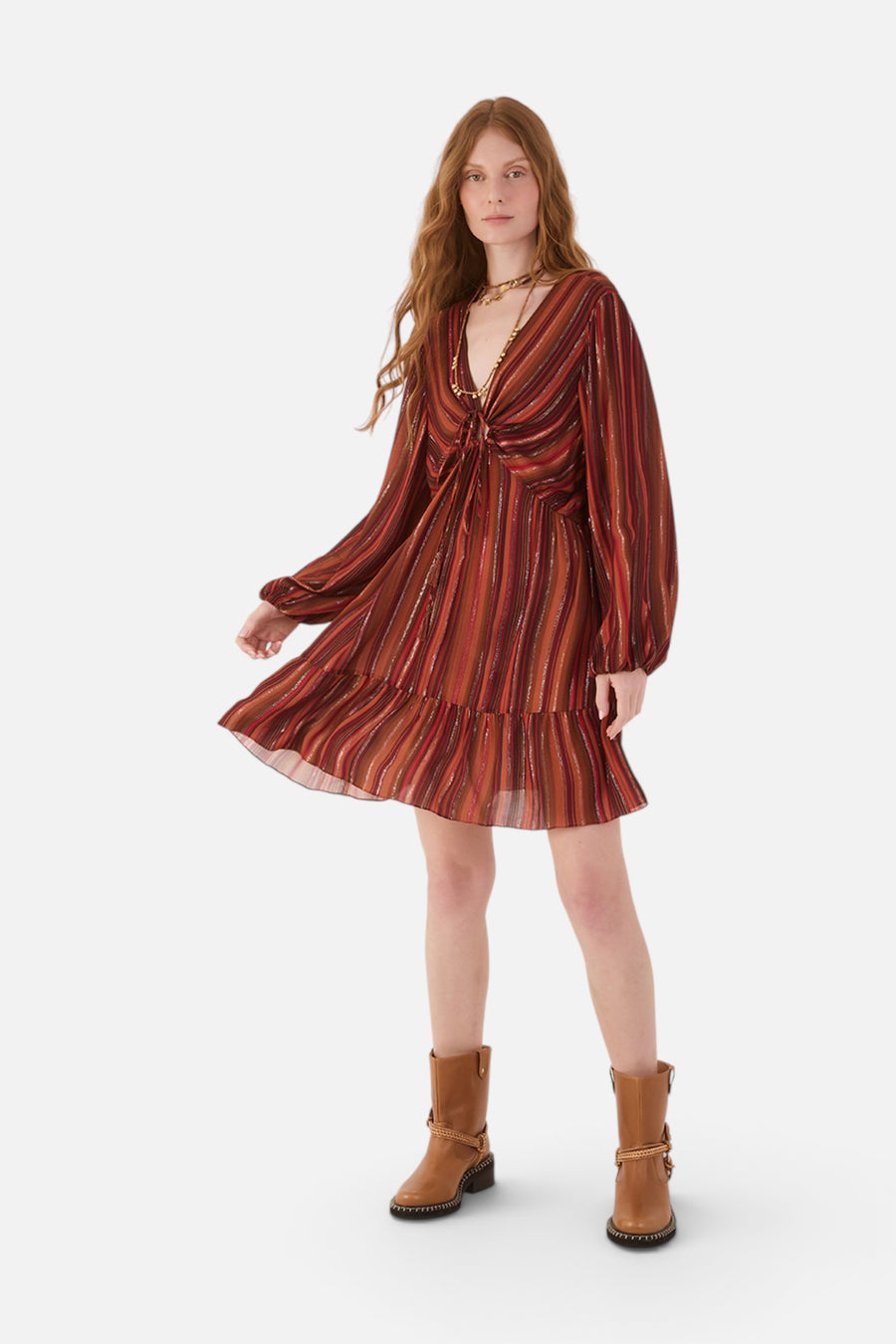 Dress To Refugio Lurex Front Knot Puff Sleeve Mini Dress in Brown – full length