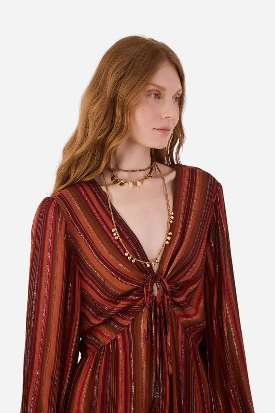 Dress To Refugio Lurex Front Knot Puff Sleeve Mini Dress in Brown – side view
