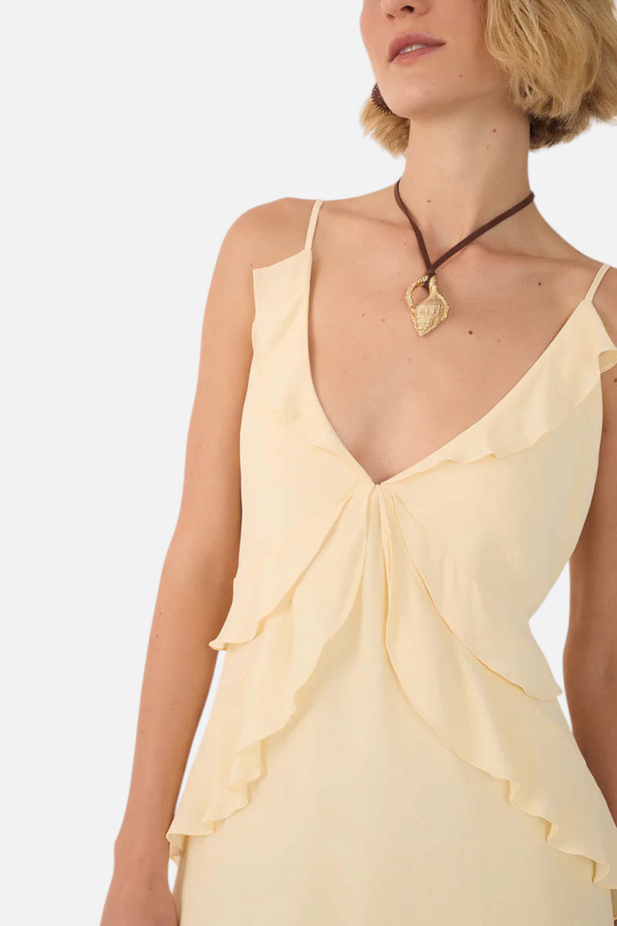 Dress To Ruffle Detail Mini Dress in Beige & Shell – side view