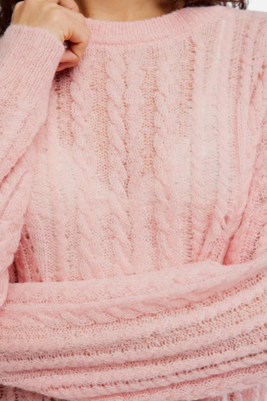 Free People Sheer Luck Cable Sweater in Peach Skin