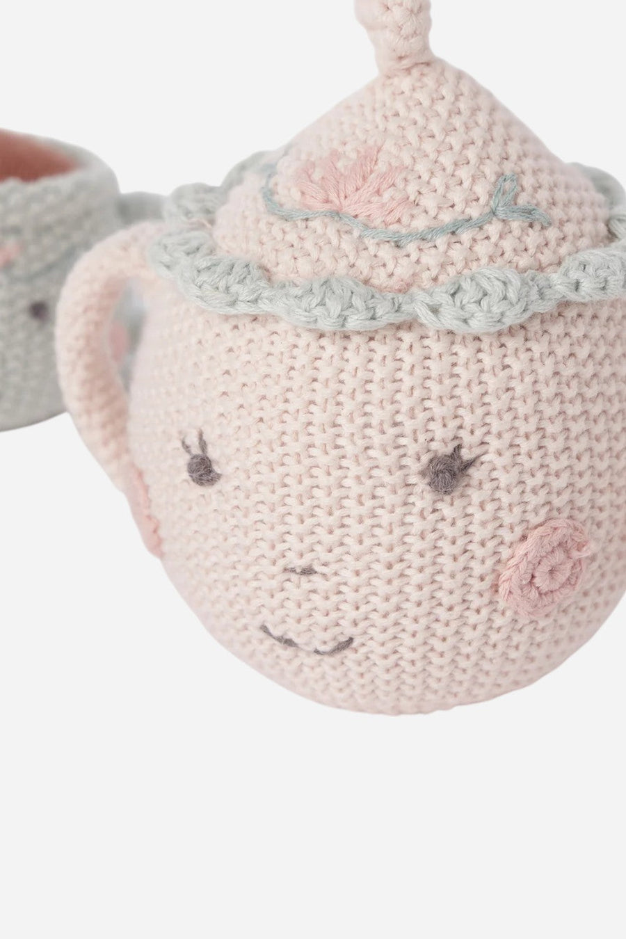 Elegant Baby Hazel & Annie Tea Pot & Teacup Hand-Crocheted Rattle Set – flat lay