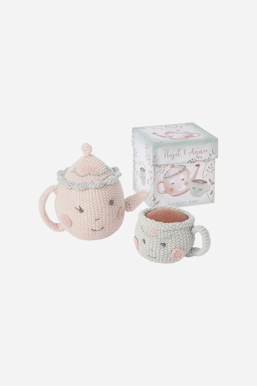 Elegant Baby Hazel & Annie Tea Pot & Teacup Hand-Crocheted Rattle Set – front view